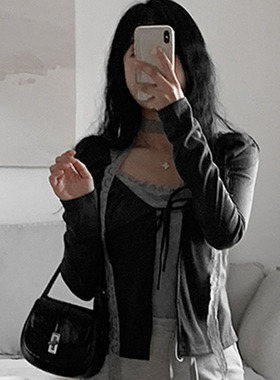 韩国直邮Secondesecon秋时尚气质蕾丝拼接设计感圆领假两件针织衫