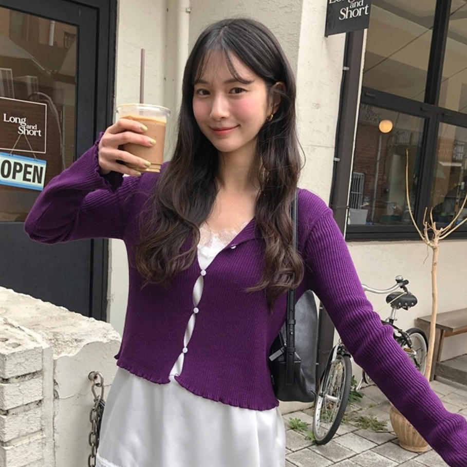 韩国代购直邮2026春修身显瘦紫色单排扣木耳边修身短款针织开衫