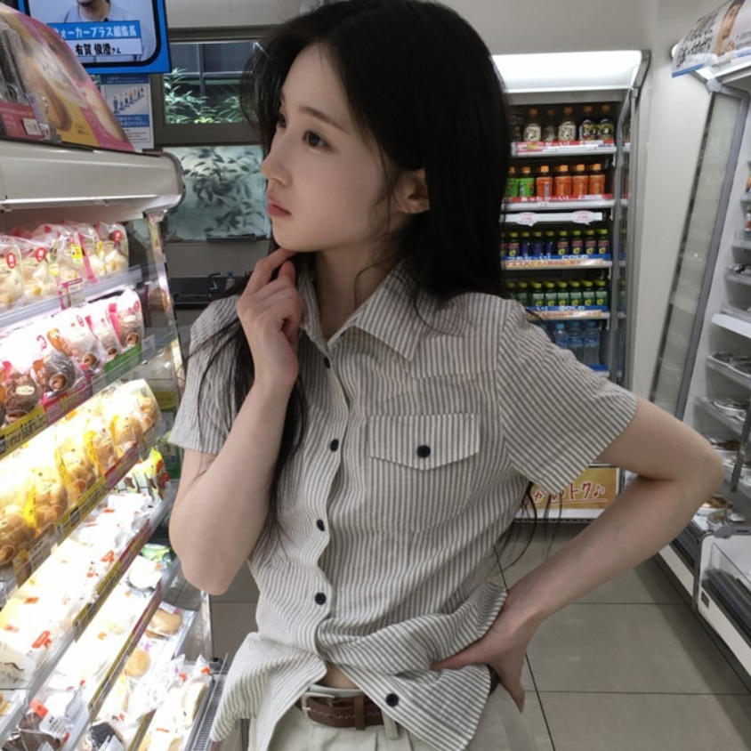 韩国代购直邮2026夏Daybin韩版条纹短袖修身显瘦百搭上衣翻领衬衣
