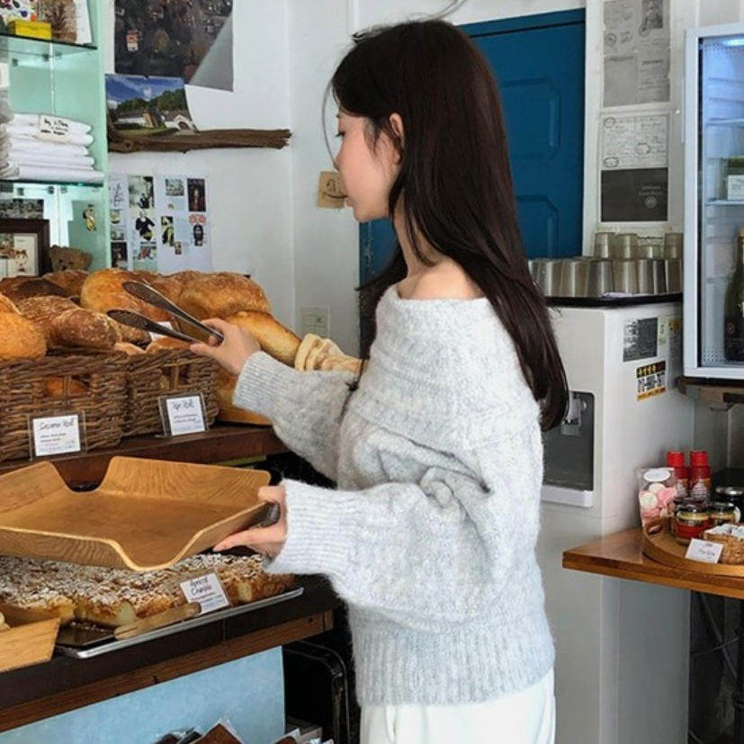 韩国代购直邮2026秋Fine-thankyou慵懒风灯笼袖一字领露肩毛衣女