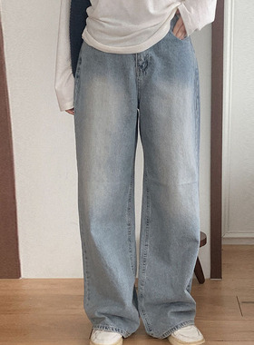 韩国直邮Heylady秋时尚街头百搭通勤宽松水洗显瘦直筒阔腿牛仔裤