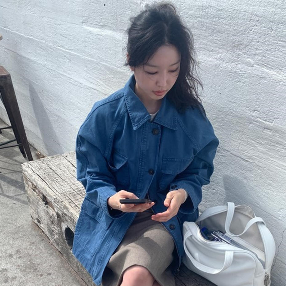 韩国代购直邮2026秋Maybe-baby工装风翻领宽松中长款牛仔外套女