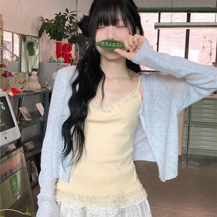 韩国代购直邮2026夏Vinvle甜美少女风蕾丝花边领针织开衫修身外套
