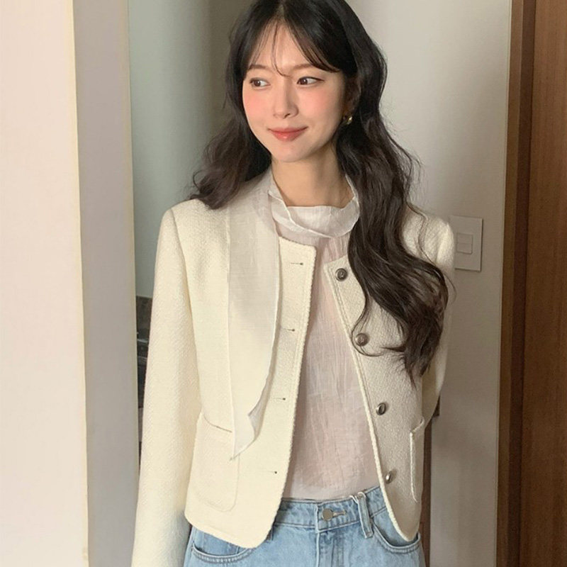 韩国代购直邮2026春装小香风粗呢短外套女单排扣圆领气质轻熟外套