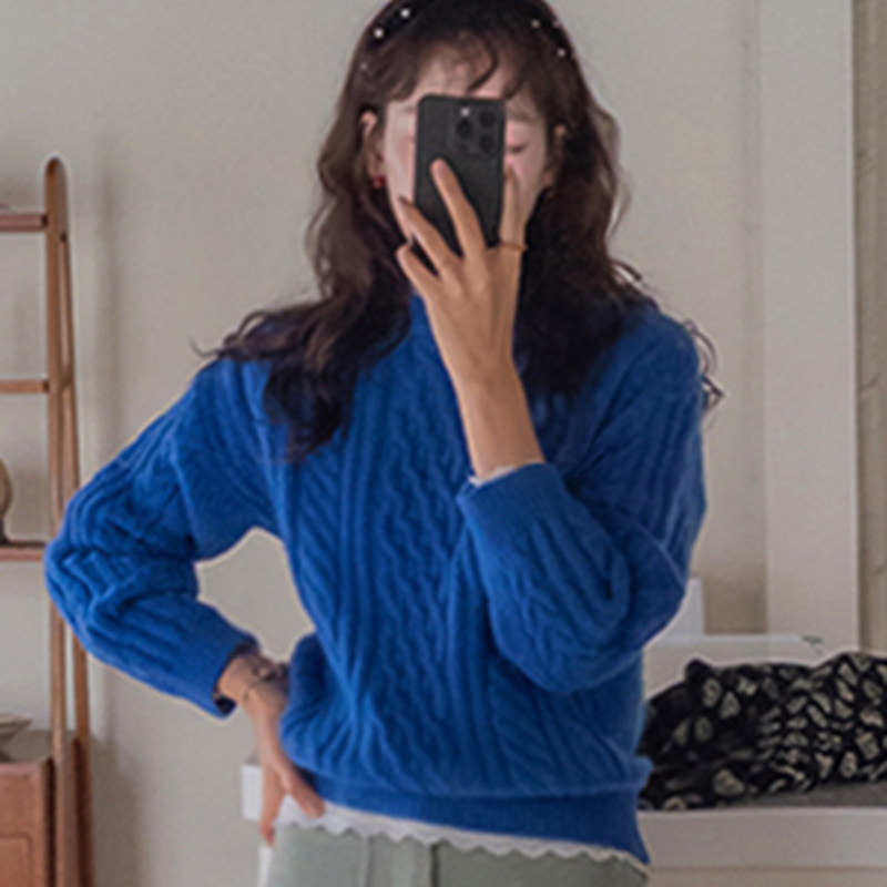 韩国直邮Leelin冬时尚气质百搭简约日常通勤麻花纹圆领长袖毛衣女