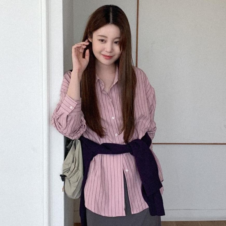 韩国代购直邮2026秋Heylady复古条纹长袖衬衫女翻领宽松通勤衬衣
