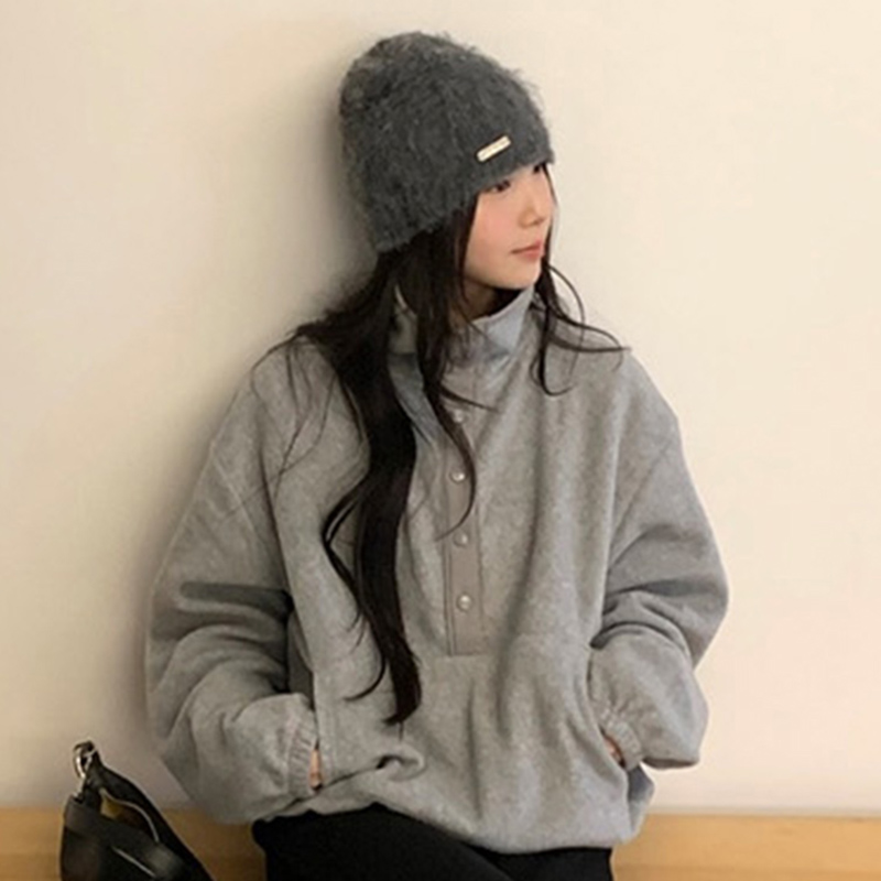 韩国代购直邮Flily冬韩式休闲简约百搭长袖宽松半高领套头卫衣女