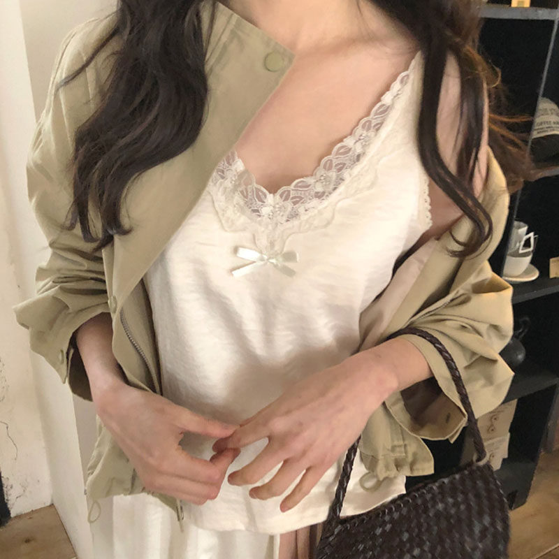 韩国代购直邮2026春韩系蕾丝V领白色吊带背心蝴蝶结可爱短款上衣