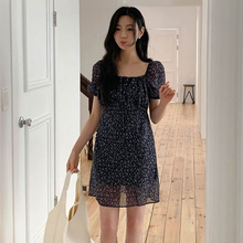 韩国直邮Cherrykoko夏优雅文艺甜美碎花方领高腰泡泡短袖连衣裙女