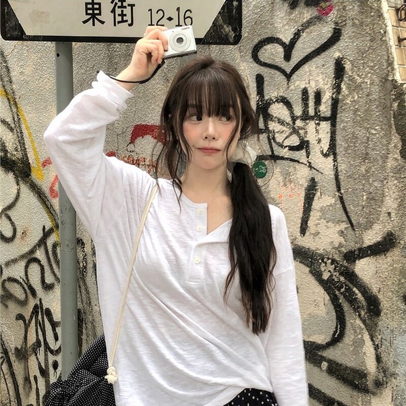 韩国代购直邮2026夏Vinvle韩式休闲风长袖白色T恤百搭圆领系扣