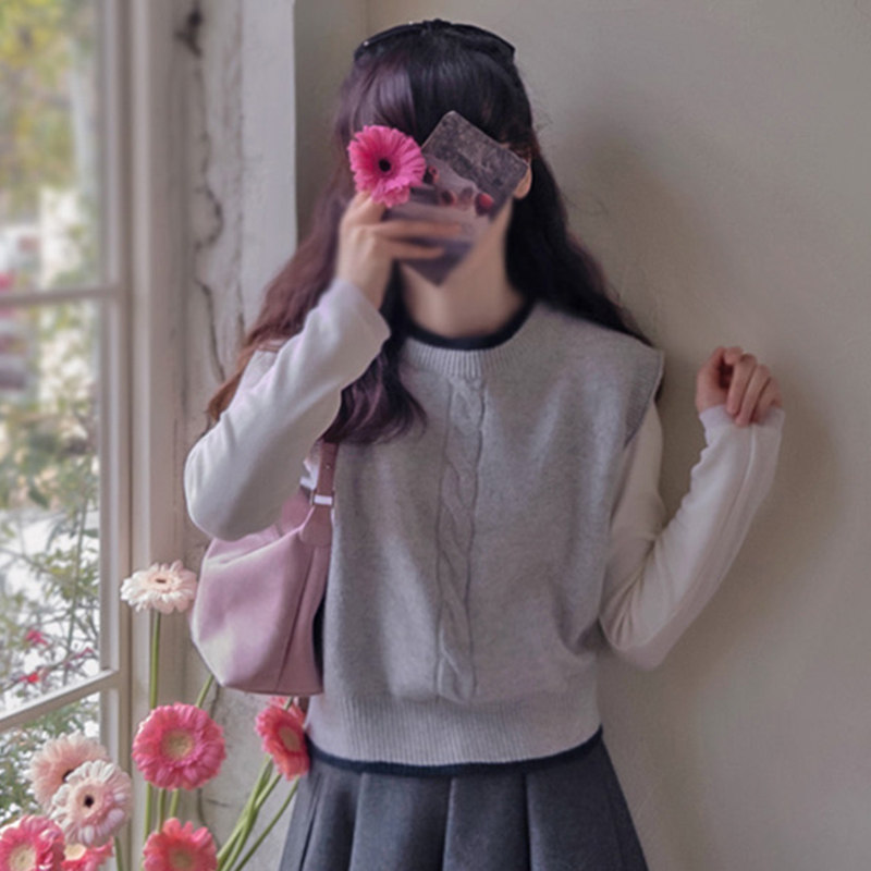 韩国代购直邮Leelin冬淑女风亲肤柔软圆领麻花纹理保暖针织背心女