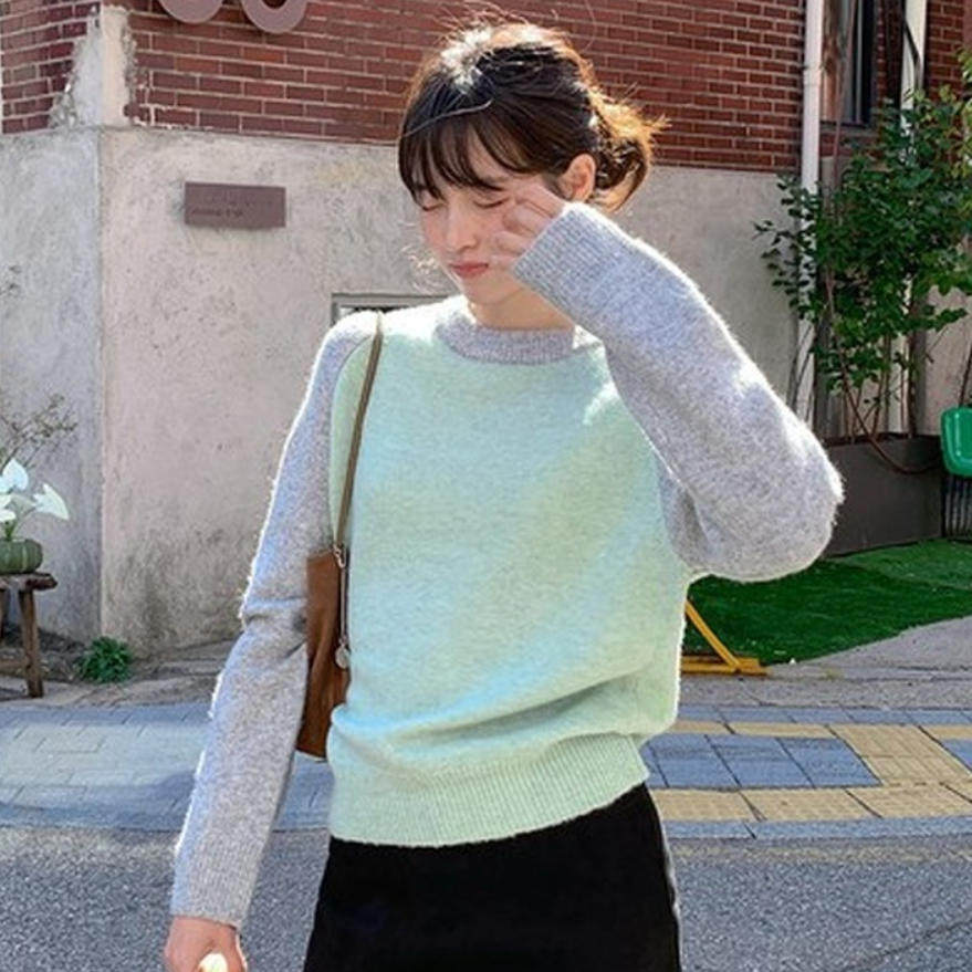 韩国代购直邮2026冬Beginning少女圆领针织毛衣女插肩袖拼色叠穿