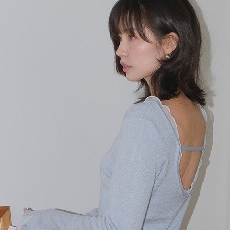 韩国代购直邮2026春Beginning韩系露背花边拼接修身长袖打底衫