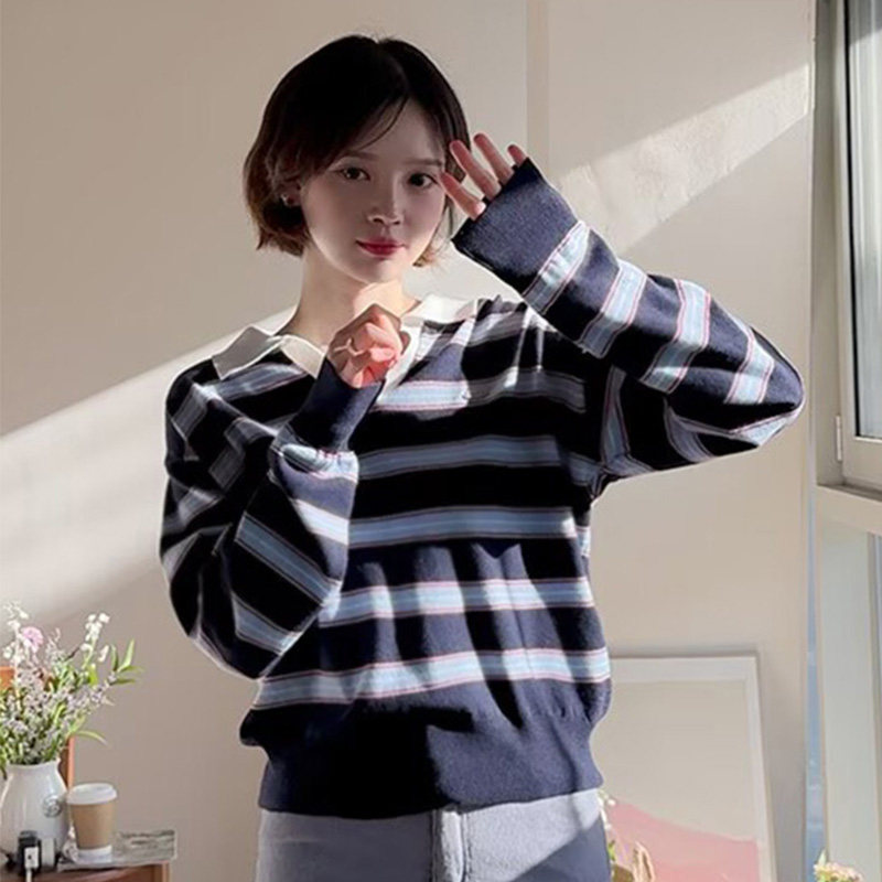 韩国代购直邮Leelin春文艺复古条纹长袖套头减龄显瘦翻领针织衫女