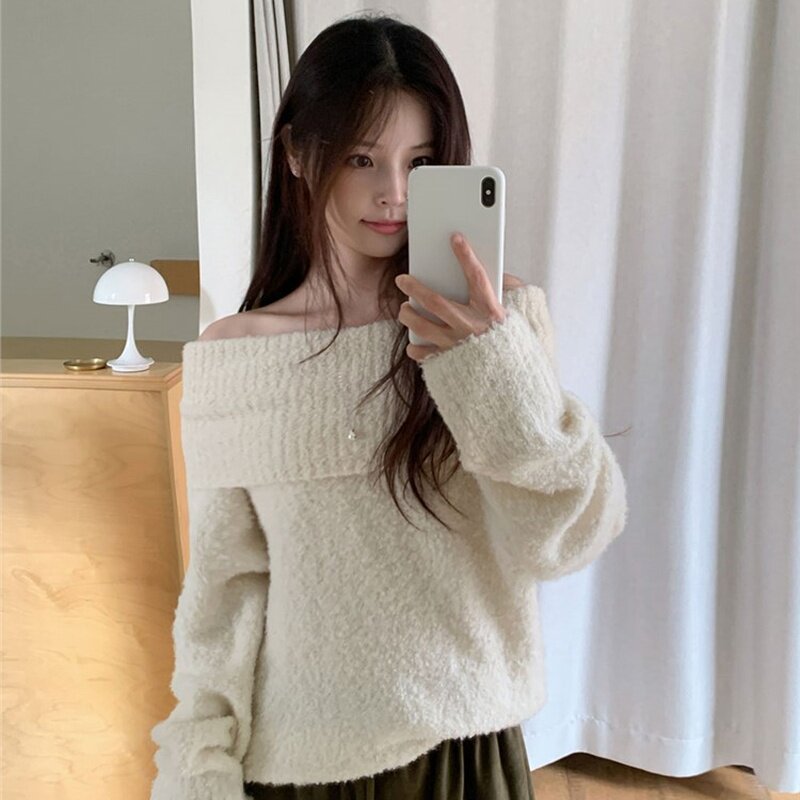 韩国代购直邮2026冬Cherrykoko氛围感一字肩露肩针织衫女显瘦毛衣