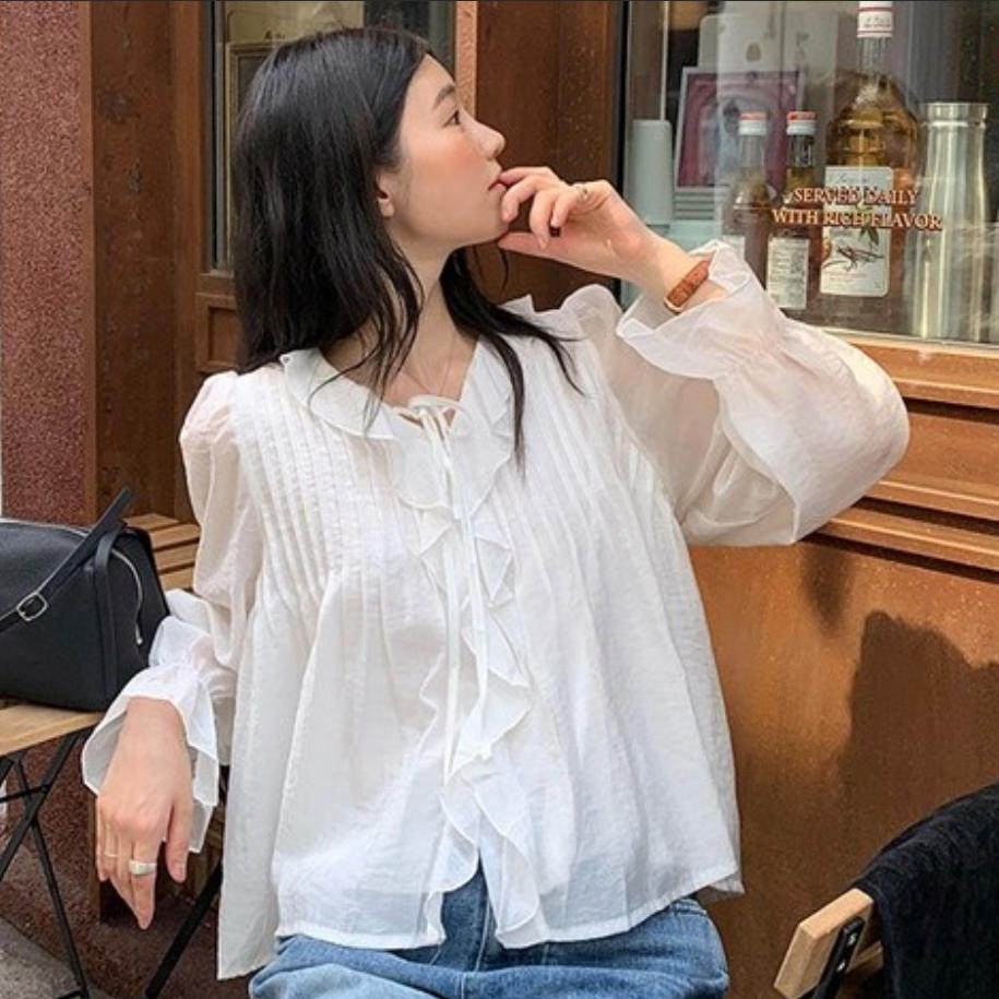 韩国代购直邮2026秋Flily荷叶边系带衬衫女喇叭袖减龄百搭上衣