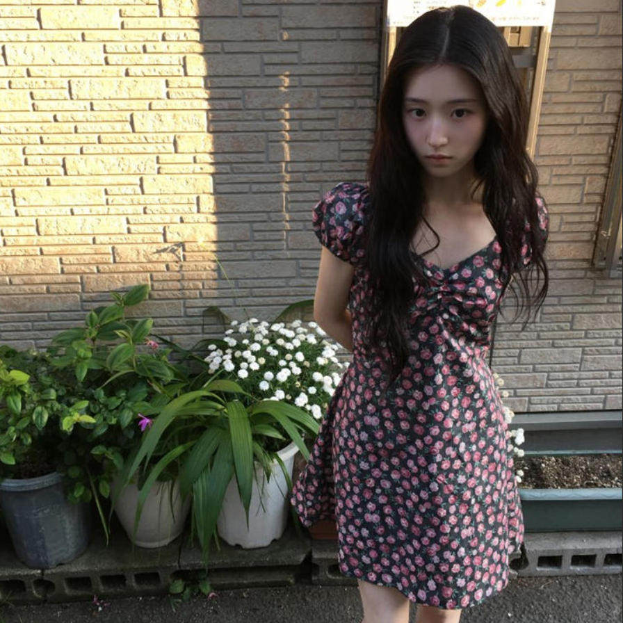 韩国代购直邮2026夏Daybin韩代软妹少女风泡泡袖碎花连衣裙显高