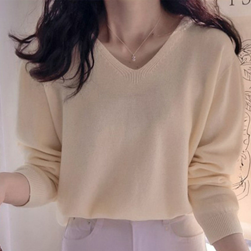 韩国代购直邮2026春Leelin简约风V领套头长袖宽松米色温柔羊绒衫