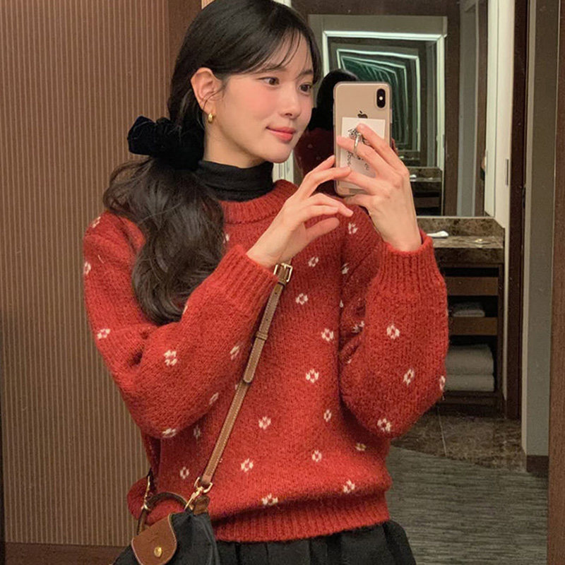 韩国代购直邮ordinairement冬甜美慵懒风可爱套头圆领长袖针织女