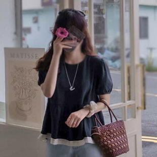 衬衫 韩国直邮Leelin夏百搭甜美温柔淑女圆领宽松亚麻拼接短袖 女
