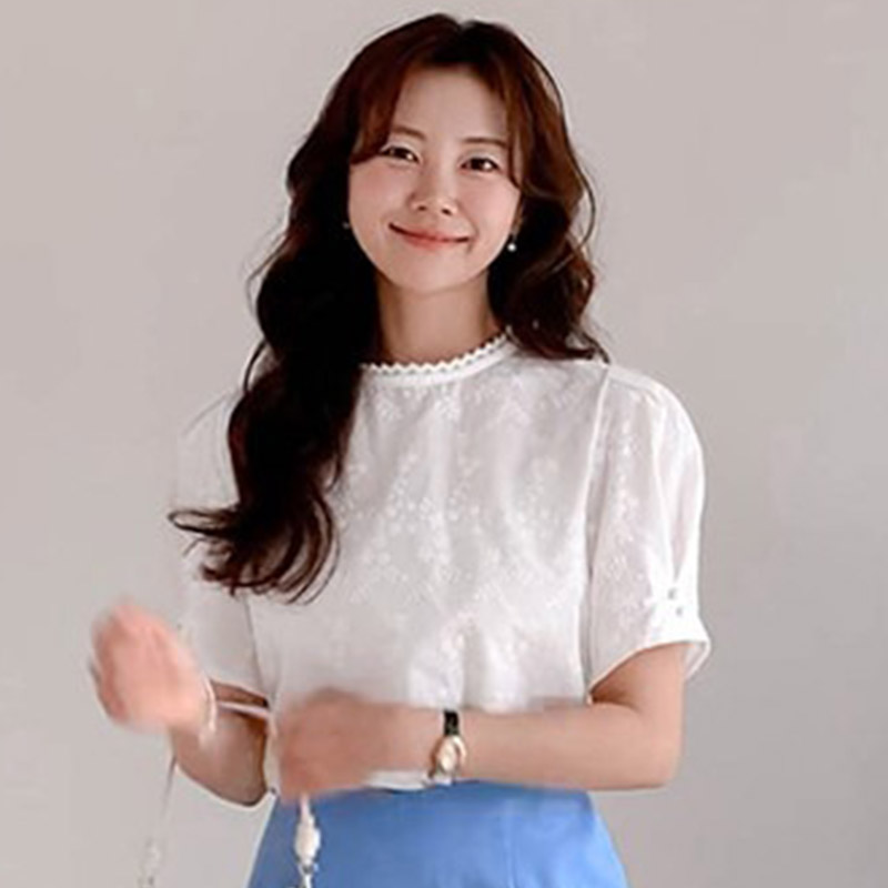 韩国代购直邮2026夏Leelin法式甜美风气质显瘦蕾丝拼接短袖衬衫女