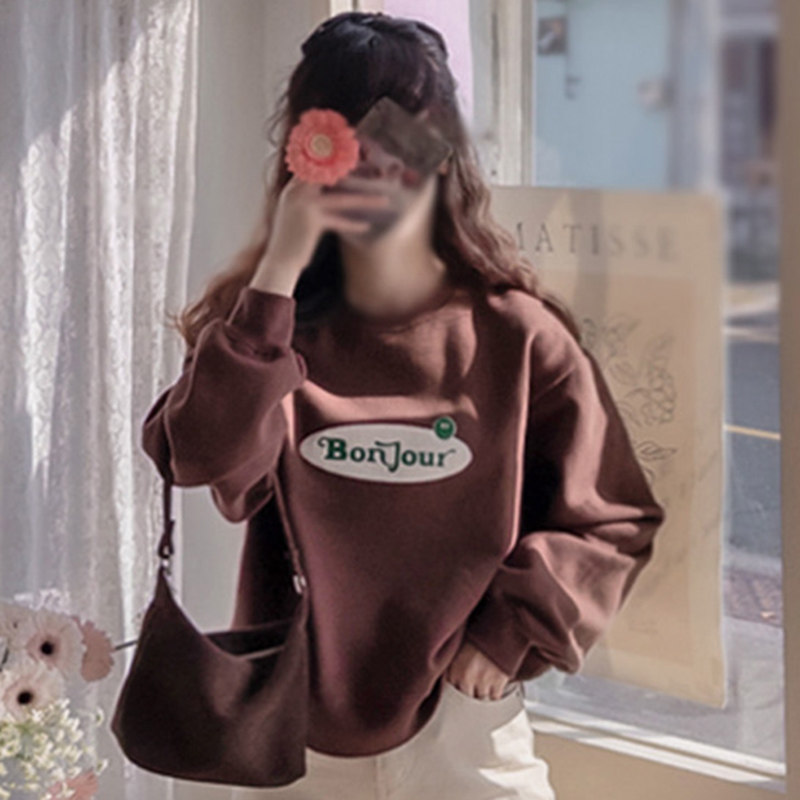 显瘦通勤圆领字母加绒长袖卫衣女