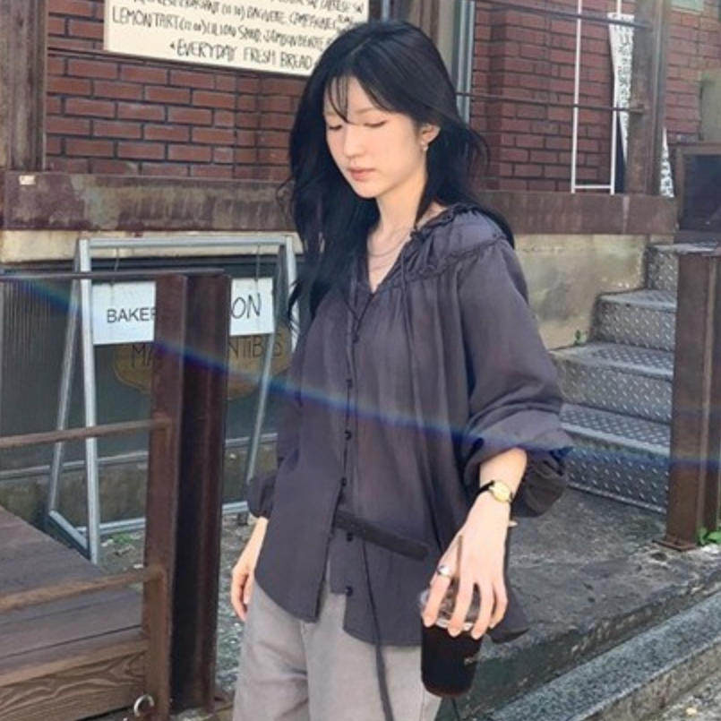 韩国代购直邮2026秋Flily气质纯色木耳边V领系带泡泡袖宽松衬衫女