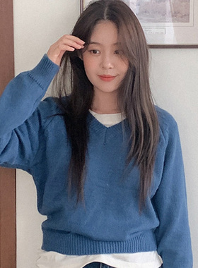 韩国直邮Heylady秋时尚气质淑女温柔亲肤百搭V领宽松套头毛衣上衣