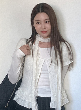 韩国代购直邮Heylady春淑女温柔蕾丝短袖开衫+圆领长袖T恤套装