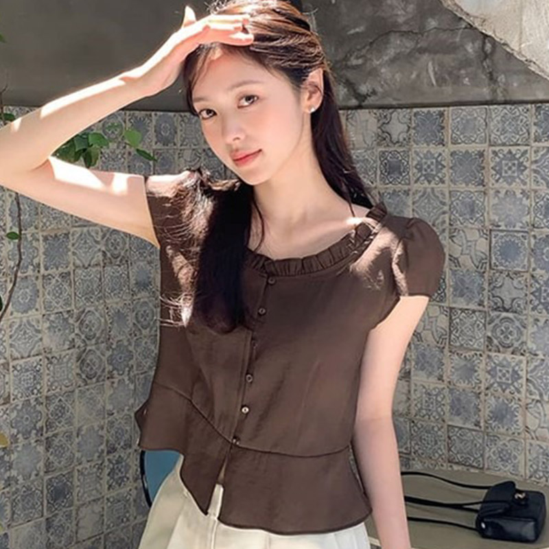 韩国代购直邮2026夏Cherrykoko温柔甜美风百搭木耳边泡泡袖衬衫女