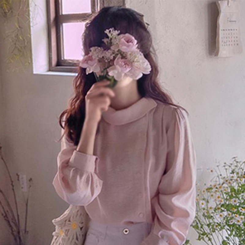 韩国代购直邮Leelin春淑女风百搭气质显瘦温柔翻领套头长袖衬衫女