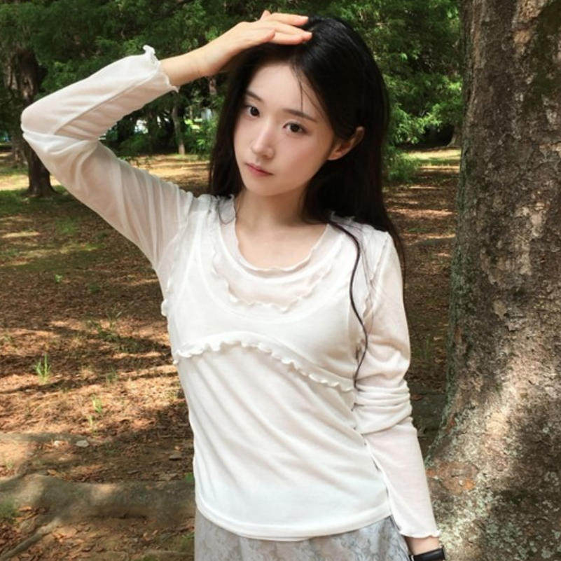 韩国代购直邮2026秋Daybin设计感木耳边长袖T恤女叠穿百搭打底衫