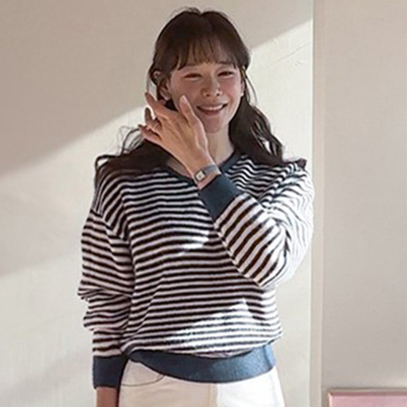 韩国代购直邮Leelin春复古宽松百搭通勤条纹V领长袖套头针织衫女