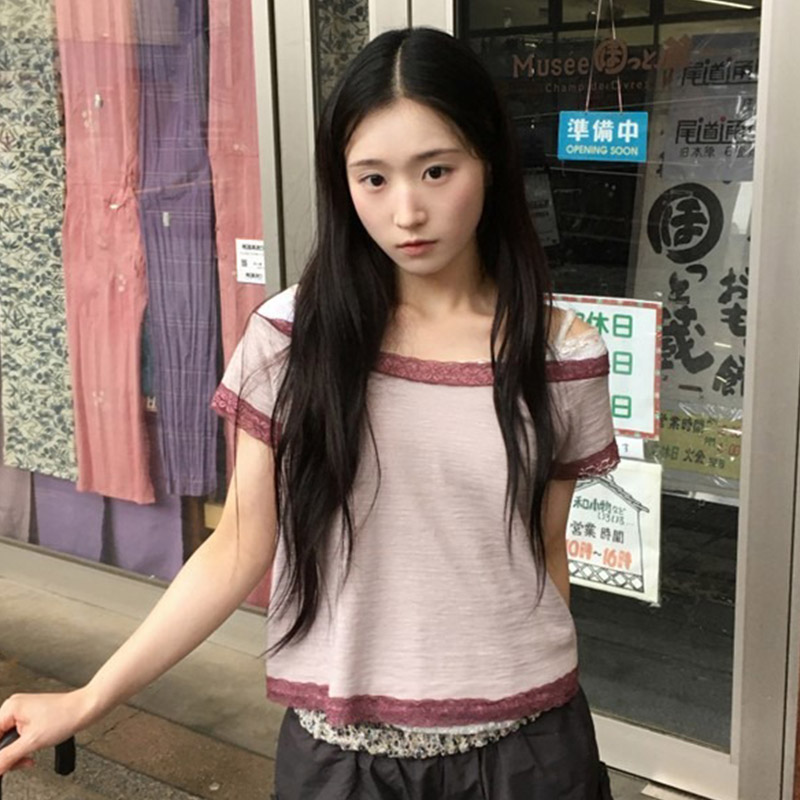 韩国代购直邮2026夏Daybin半熟少女风显瘦短袖蕾丝边露肩T恤女上