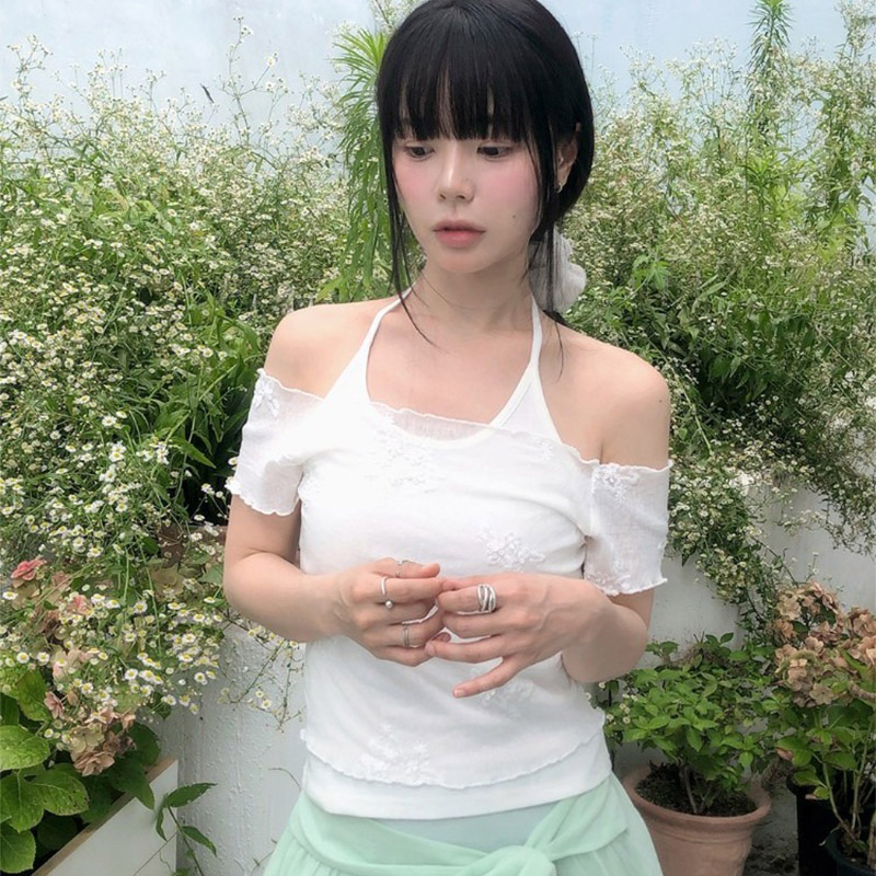 韩国代购直邮2026夏Vinvle甜美薄款修身风蕾丝刺绣短袖一字肩T恤