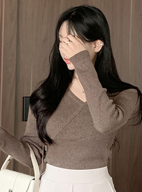 韩国直邮Secondesecon秋百搭时尚气质淑女温柔修身显瘦V领针织衫