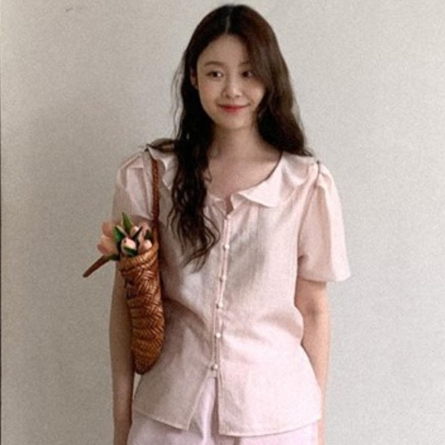 韩国代购直邮2026夏Heylady甜美少女风娃娃领泡泡袖衬衫显瘦减龄