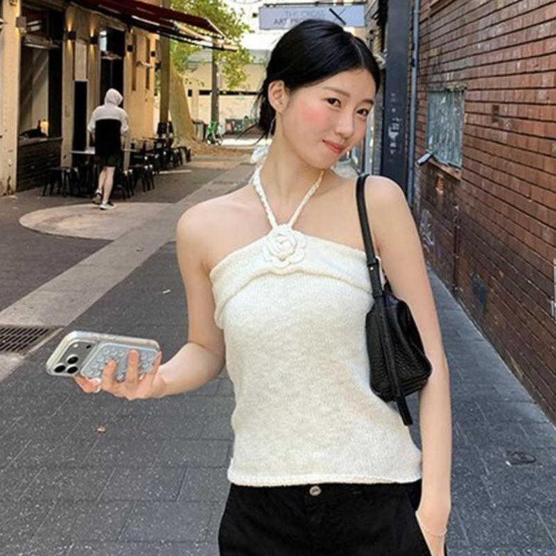 韩国代购直邮2026夏Flily甜美少女花朵抹胸挂脖吊带白色针织抹胸