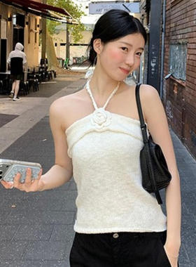 韩国代购直邮2026夏Flily甜美少女花朵抹胸挂脖吊带白色针织抹胸
