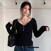 韩国代购 女 打底针织衫 直邮Flily春极简休闲日常V领系扣修身 长袖
