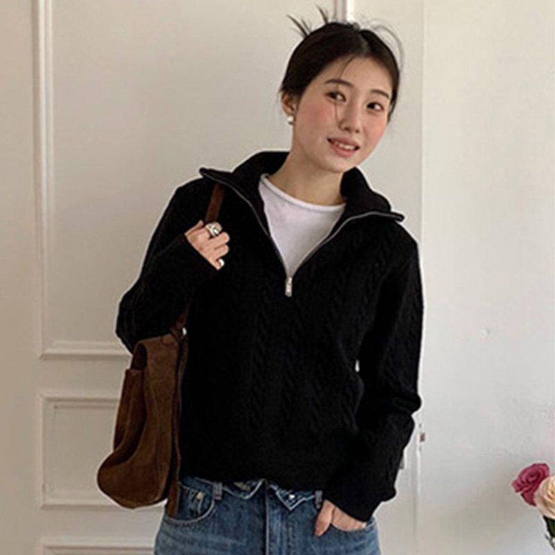 韩国代购直邮Flily春温柔气质百搭半拉链翻领麻花纹长袖针织衫女