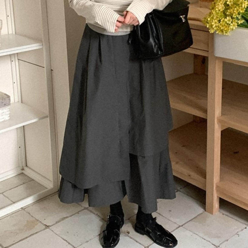 韩国代购直邮2026春Heylady复古高腰不规则层次感灰色A字半身长裙