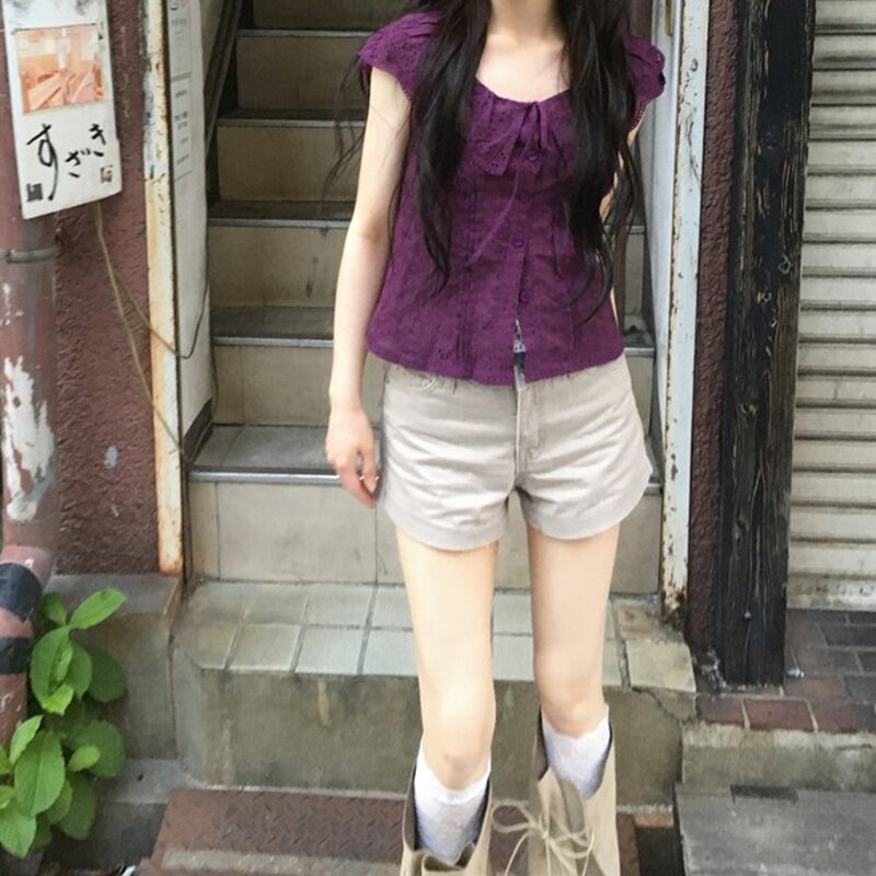 韩国代购直邮2026夏Daybin韩系复古高腰短裤修身显瘦卡其色休闲裤