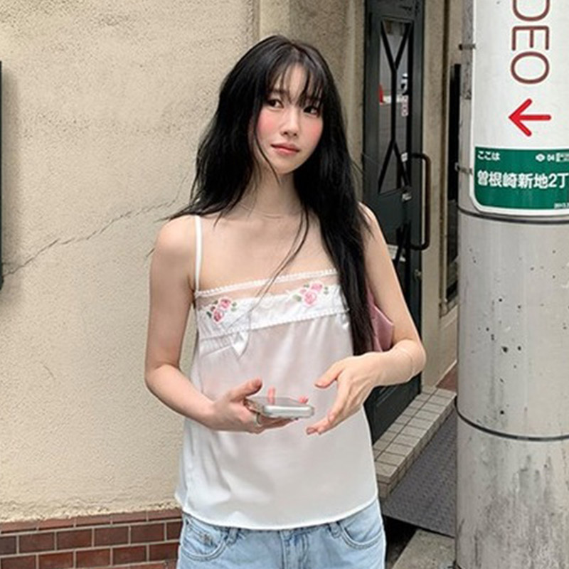 韩国代购直邮2026夏Flily淑女设计感蕾丝拼接上衣纯色淑女吊带女