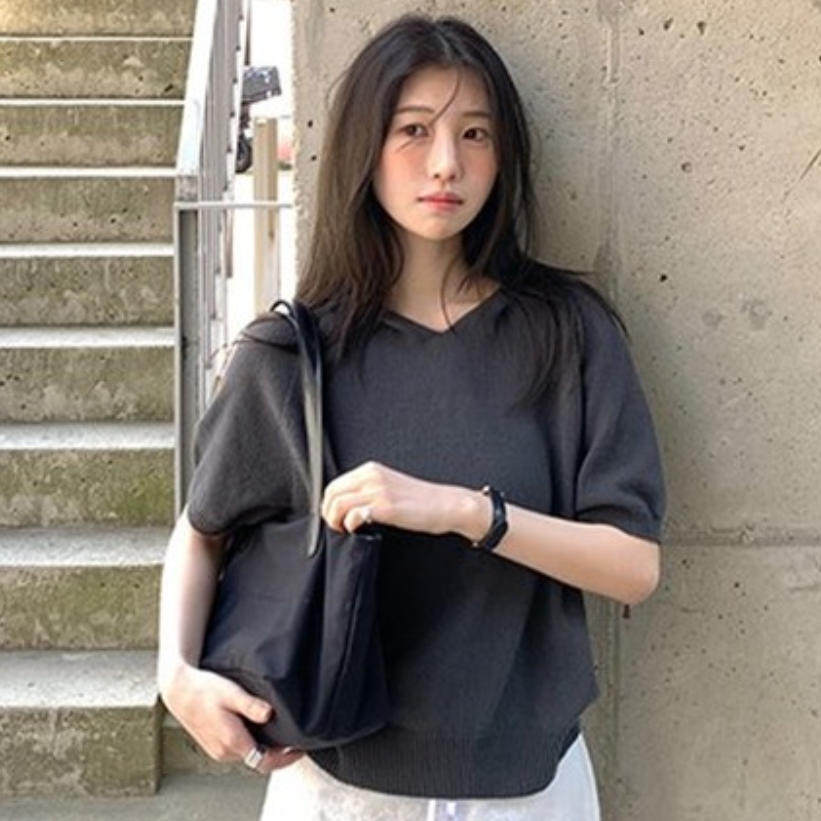 韩国代购直邮2026春Flily极简风V领短袖针织衫宽松套头毛衣慵懒风