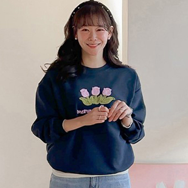 韩国代购直邮Leelin春百搭减龄休闲花朵印花宽松长袖圆领套头卫衣