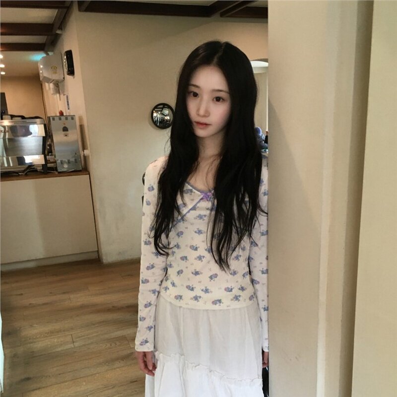 韩国代购直邮2026春Daybin甜美少女风碎花蕾丝拼接蝴蝶结长袖T恤