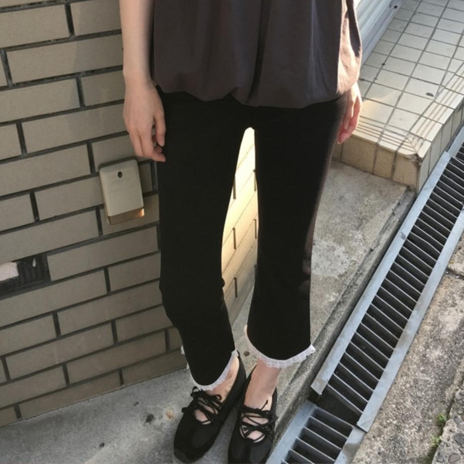 韩国代购直邮2026夏Daybin黑色修身休闲裤九分裤蕾丝边显瘦微喇裤