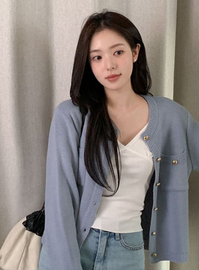 韩国代购直邮2026春Cherrykoko简约气质小香风温柔金扣针织开衫女