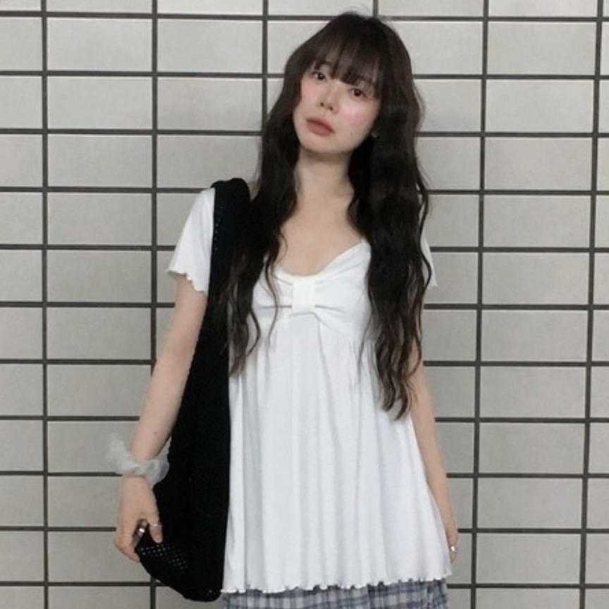 韩国代购直邮2026夏Vinvle韩式甜美风白色蝴蝶结褶皱少女短袖T恤